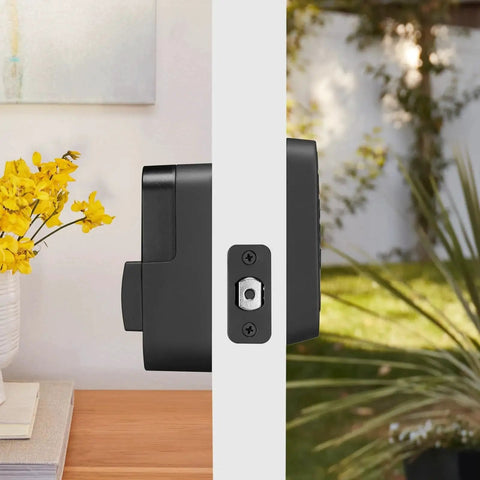 Side view of Assure Lock 2 Deadbolt With WiFi Keypad For Smart Home Entry Code Entry And Remote Access Keyless Entry Via Keypad And App Auto Lock And DoorSense Fits Doors By Replacing A Standard Deadbolt Easy Installation For Remote Access And WiFi Connectivity on door