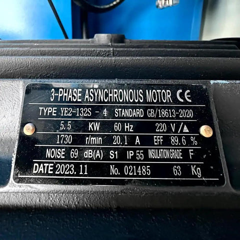 Close-up of a 3-phase asynchronous motor label showing technical specifications, relevant to 7HP Programmable Electric Hydraulic Tube And Pipe Bender With 3 Inch And 2-3/8 Inch Dies Included PLC Controlled Machine Auto Or Manual Operation Heavy Duty Industrial Bender.