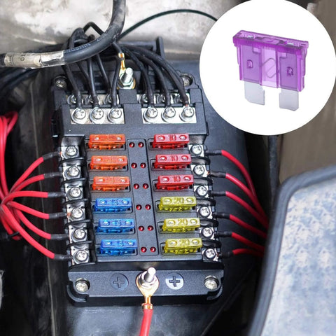 100 Pack 3 Amp ATC ATO Auto Fuses Regular Blade Fuses For Cars, Trucks, Boats, Marine And RV Electrical Systems, Tin Plated Zinc Terminals, Fast Blow Protection Against Short Circuits, Durable, No Fuss, Easy Install Fuse Kit installed in a fuse box