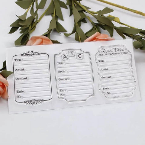 ATC Cards Die Set For Scrapbooking And DIY Card Making showing three metal stencils with title, artist, and date fields.