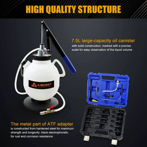 Automatic Transmission Fluid Transfer Pump Kit with 7.5 Liter can and 15 ATF adapters, showing oil canister and adapter case
