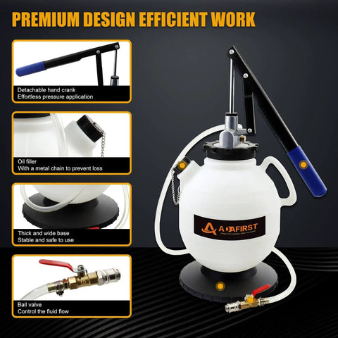 Automatic Transmission Fluid Transfer Pump Kit with 7.5 Liter Can and 15 ATF Adapters, hand-crank pump, valve, oil filler