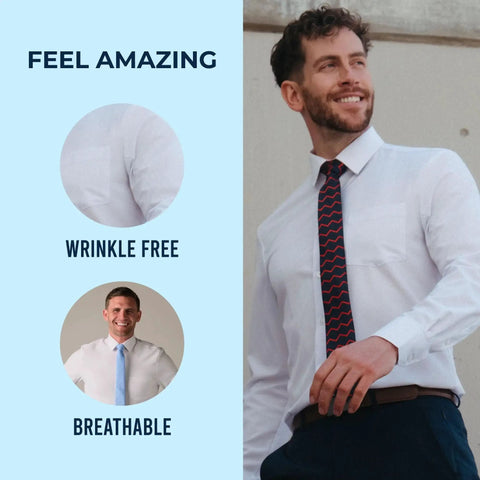 Athletic Fit White Dress Shirt For Men With 4 Way Stretch Performance, Wrinkle Free And Stain Resistant, Machine Washable
