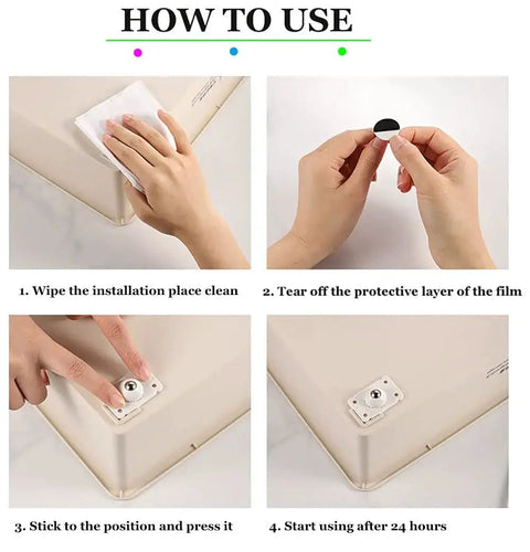 Installation guide for Self-Adhesive Mini Swivel Caster Wheels, 16-Piece Set, showing step-by-step application process.