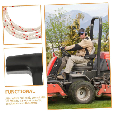 Five Pack Attic Pull Down Cord With Plastic Handle Replacement Kit shown with close-up of rope and handle, man on lawnmower