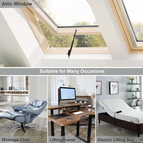 Justech 12V heavy-duty linear actuator with brackets installed on an attic skylight window.