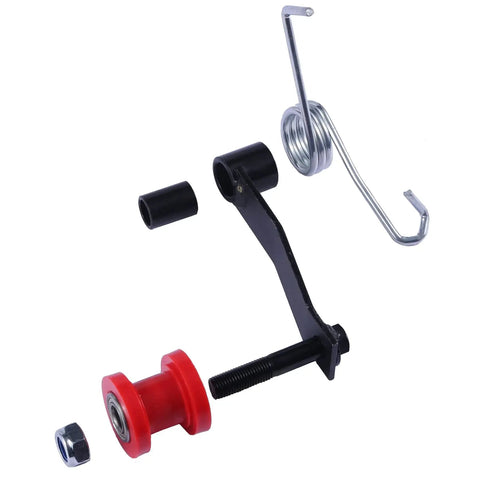 Tough As Nails Chain Slider Tensioner Adjuster Roller Guide For ATV Go Kart 4 Wheeler with spring loaded metal bracket and roller components.