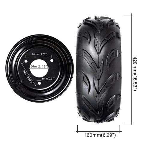 Go kart tire and rim, black rubber tread and metal wheel, 4PCS ATV Go Kart Tires and Rims Tubeless 16X8-7 Inch with 3 mounting holes.