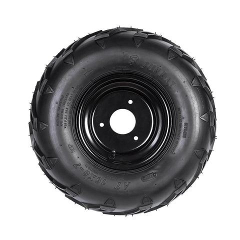 4PCS ATV Go Kart Tires and Rims Tubeless 16X8-7 Inch Front or Rear Tires with Rims, 3 mounting holes, top view of tire and rim