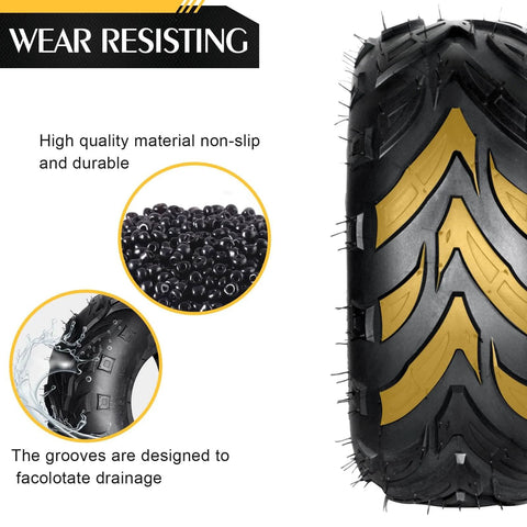 Close-up of 145/70-6 ATV UTV Go Kart Tire tread pattern highlighting durability and non-slip rubber material with drainage grooves.