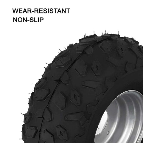 Close-up of ATV Go Kart Tires and Rims 145x70-6 Iron Wheels 90CC, non-slip and wear-resistant design on metal rim.