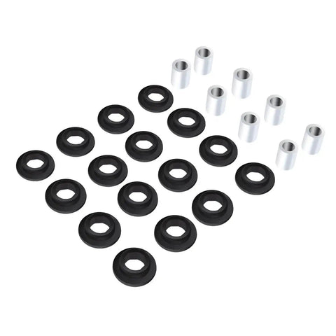 Shock Absorbing Bushing Bearing Sleeve Kit For ATV Front Suspension With 16 Shock Bushings And 8 Bearing Sleeves, Compatible With Arctic Cat Models 250 300 375 400 From 1998 To 2006 Replacement Parts 0604-310 0403-028, shown in a layout of black bushings and silver sleeves
