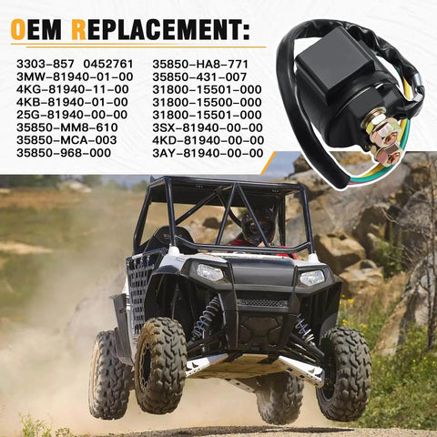 GY6 Starter Solenoid Relay For 4 Stroke ATV Scooter Go Kart Dirt Bike 50cc 70cc 90cc 110cc 125cc 150cc 200cc 250cc Plug And Play Fits Roketa Sunl Taotao Coolster SSR Moped Quad, displayed next to an off-road vehicle and list of OEM replacements.