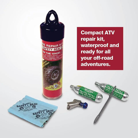 On The Go ATV Tubeless Tire Repair Kit With CO2 Inflator, Six 4-Inch Self Vulcanizing Plugs, floating watertight case