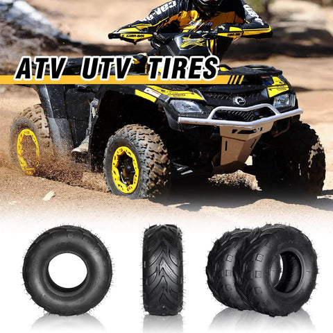 145/70-6 ATV UTV Go Kart Tires 145x70x6, 4Ply Tubeless, pack of 2 with tread design, shown on ATV and individually.