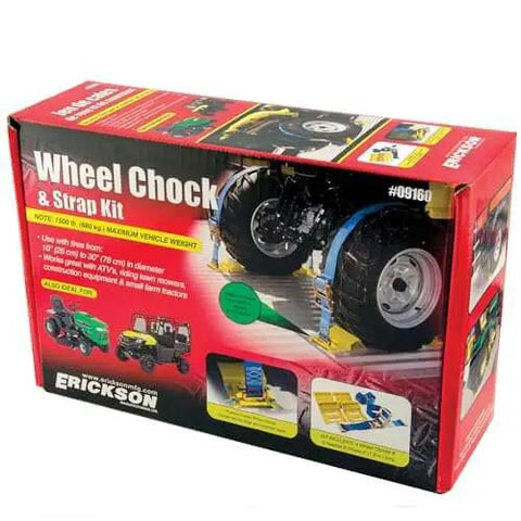 Box of Beefy Wheel Chock Tie Down Kit for ATV UTV Transport, includes 2 in by 7.5 ft ratchet straps, 1500 lb capacity, fits 10 to 30 inch tires