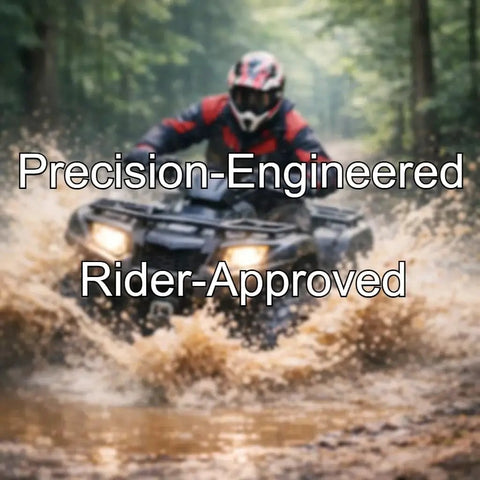 ATV riding through a muddy trail in forest, showcasing the performance of Premium Full Wheel Bearing Set For Polaris ATV And UTV Front And Rear 4 Pack Exact Fit Low Friction Corrosion Resistant Quality Tested Model Numbers 3514699 And 3514822 Fits Many Polaris Models.