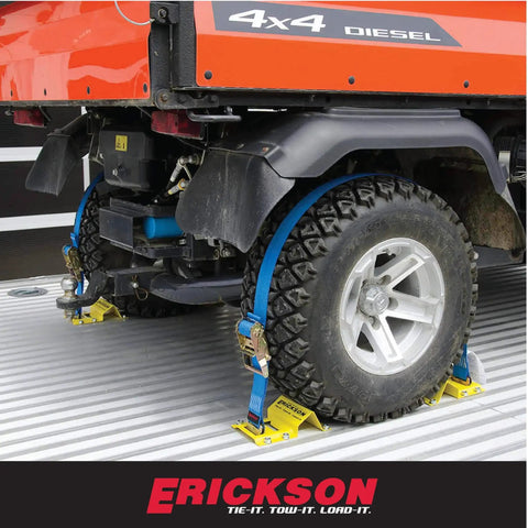 Beefy Wheel Chock Tie Down Kit For ATV UTV Transport With 2 In By 7.5 Ft Ratchet Straps, 1500 Lb Capacity, securing 4x4 diesel