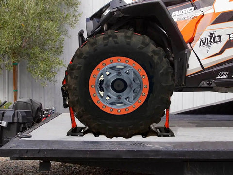 Wheel Chock Tie Down Kit With Rubber Grip Sleeve For Trailer E Track System Keeps Your ATV UTV Lawn Mower Small Tractor Locked In Tight 1500lb Working Load securing ATV wheel on trailer