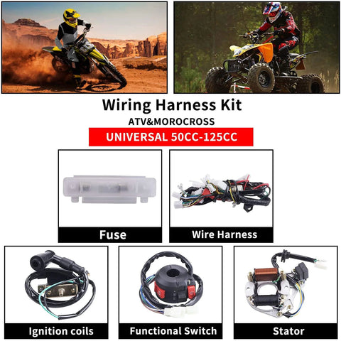 Electric Wiring Harness Kit With Relay Stator Coil CDI Solenoid And Spark Plug For 50cc 70cc 110cc And 125cc ATVs Go Karts Pit Quads And Dirt Bikes Built For 4 Wheelers, showing fuse, coils, and stator components.