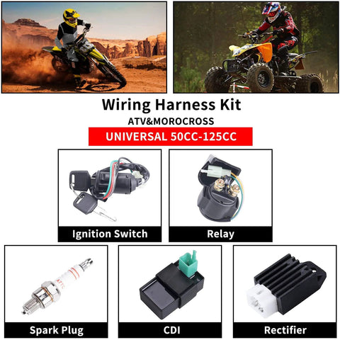 Electric Wiring Harness Kit With Relay Stator Coil CDI Solenoid And Spark Plug For 50cc 70cc 110cc And 125cc ATVs Go Karts Pit Quads And Dirt Bikes Built For 4 Wheelers shown with ignition switch and components.