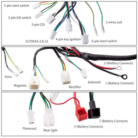 Electric Wiring Harness Kit With Relay Stator Coil CDI Solenoid And Spark Plug For 50cc 70cc 110cc And 125cc ATVs Go Karts Pit Quads And Dirt Bikes Built For 4 Wheelers showing wires and connectors