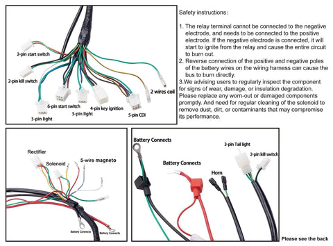 All In One Wiring Harness Kit With Coil Stator Solenoid Relay CDI And Spark Plug For ATV Go Kart Pit Quad Dirt Bike 50Cc 70Cc 90Cc 110Cc 125Cc Four Wheelers Replacement Parts Durable Construction Easy Installation Includes Step By Step Instructions showing various labeled connectors and wires.