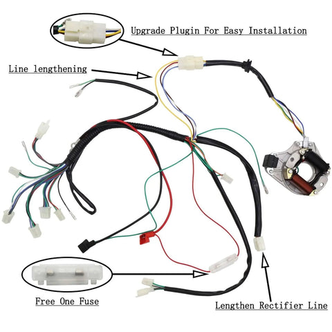 Electric Wiring Harness Kit With Relay Stator Coil CDI Solenoid And Spark Plug For 50cc 70cc 110cc And 125cc ATVs Go Karts Pit Quads And Dirt Bikes Built For 4 Wheelers showing installation components and labeled wiring.