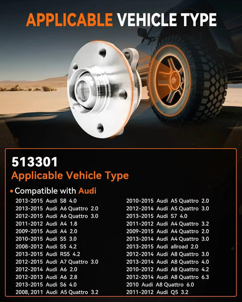 513301 Front Or Rear Wheel Bearing Hub Assembly For Audi A4 A5 A6 Q5 S5 S6 S7 S8 RS5 Allroad Quattro 2009-2015 shown with vehicle compatibility list.