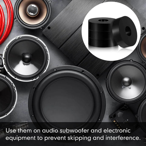 Array of audio subwoofers and electronic equipment components with anti-vibration pads for preventing skipping and interference.