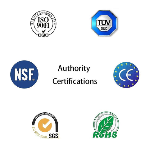 Image showing various authority certifications such as NSF, CE, ISO 9001, SGS, TUV SUD, and RoHS logos.