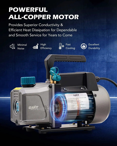 Professional Auto AC Vacuum Pump with all-copper motor for R134a R12 R22 R502, Orion Motor Tech focus on durability and performance.