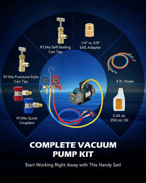 Complete vacuum pump kit with R134a/R12 gauge set, hoses, taps, adapters, and oil for Professional Auto AC Vacuum Pump And Gauge Kit.