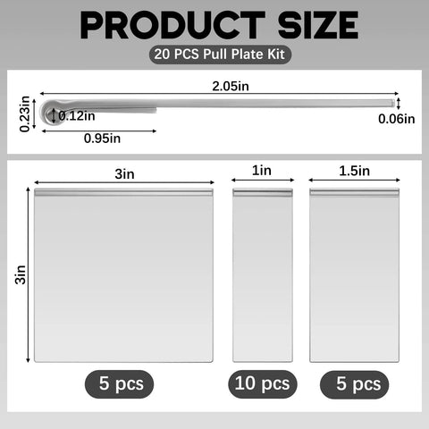 20 Piece Pull Plate Kit For Auto Body Repair with 3in, 1in, and 1.5in heat treated steel plates, product size chart.