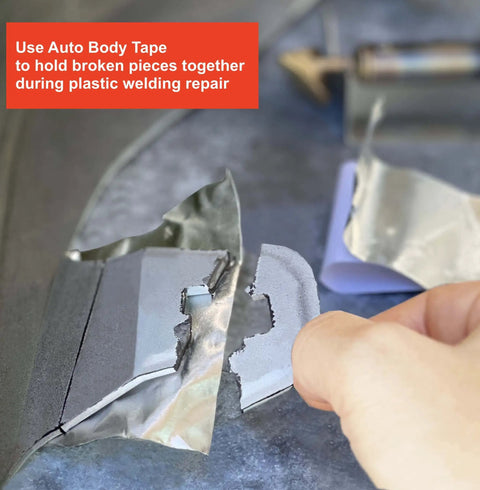 Using tape to hold plastic pieces together during repair with UL Certified 80W Plastic Welding Kit For Auto Bumpers, Kayaks, Canoes And Tanks Pro Grade Plastic Repair Tool For DIY Cars Boats Marine Gear And Fast Fixes