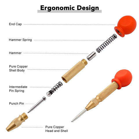 Four Pack 5 Inch and 6 Inch Automatic Center Punch Set With Adjustable Spring Loaded Punches shown in exploded view with components labeled