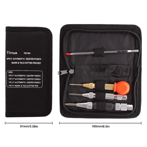 Open case displaying Four Pack 5 Inch and 6 Inch Automatic Center Punch Set With Adjustable Spring Loaded Punches, metal engraving pen, tile cutter pen