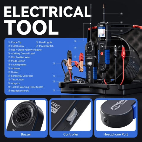 All In One Auto Circuit Tester For 12 And 24 Volt Systems With Wire Tracer Breaker Finder Tool shown with probes and accessories.