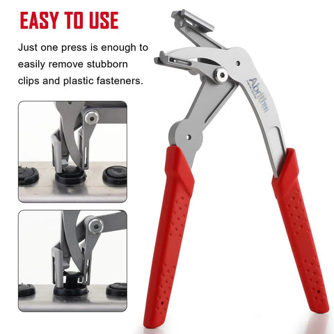 Front view of Car Clip Pliers For Auto Fasteners With Built In Spring And Easy Lever, metal with red handles