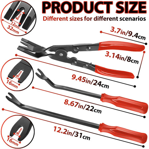 Auto Clip Pliers Set And Fastener Remover Kit For Car Trim 3 Piece with size details and red handles.