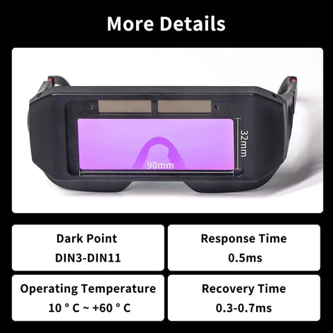 Back view of Auto Darkening Welding Glasses Solar Powered Adjustable Shade Two Sensors, showing lens dimensions and specs.