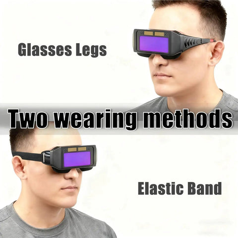 Auto Darkening Welding Glasses Solar Powered Adjustable Shade Two Sensors with two wearing methods shown, glasses legs and elastic band.