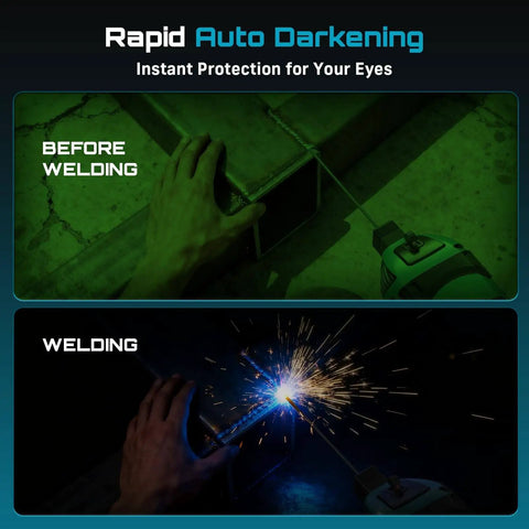 Portable 110V 120A welder for home DIY and auto repair, showing rapid auto darkening goggles in before and during welding stages.