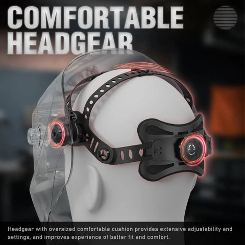 Auto Darkening Welding Helmet With Blue Light Blocking Outer Lens And True Color Solar Powered Hood Two Arc Sensors shown with comfortable headgear