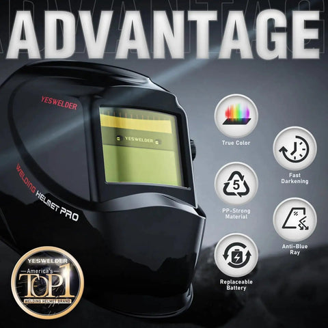 Auto Darkening Welding Helmet With Blue Light Blocking Outer Lens And True Color Solar Powered Hood featured with advantages list.