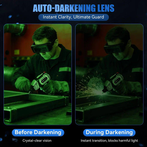 Welder demonstrating auto-darkening lens feature in safety goggles while using Portable 110V Handheld IGBT Inverter Welder For Home DIY Projects.