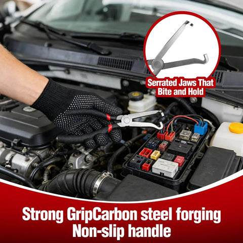 Man using serrated jaws tool from 9 Piece Electrical Disconnect Pliers Set For Cars to remove a fuse in a car engine bay.