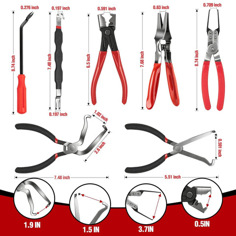 9 Piece Electrical Disconnect Pliers Set For Cars, Connector Removal Tools, shown with various pliers and dimensions