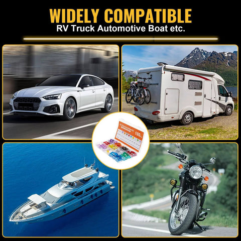 Image of a car, RV, boat, motorcycle, and 100 Piece Standard Auto Blade Fuse Kit With 3A 5A Seven Point Five Amp 10A 15A 20A 25A 30A 35A Color Coded Fuses Easy To Identify Car Truck RV Marine Boat Motorcycle Fuse Assortment For All Automotive Projects.