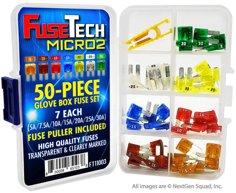 50 Piece All In One Grab-and-Go Automotive Fuse Kit With Micro 2 Blade Fuses And Fuse Puller, Glove Box Set, open view